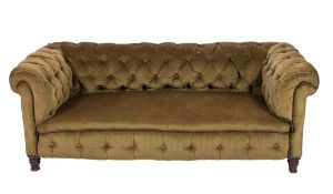 A late Victorian Chesterfield settee, fully upholstered in button down green dralon velvet,