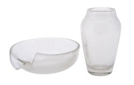 A Harrach Harrtil glass vase and matching bowl with white 'mesh' pattern after a design by Milan