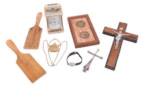 A small group of works of art, 20th century; comprising a metal mounted olivewood Corpus Christi,