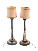 A pair of turned and painted wood table lamps,