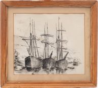 Jeanne Du Maurier (British, 1911-1996) - A study of three sailing boats - Ink on paper - 17 x 19.