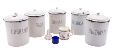 Five mid 20th Century enamel pantry tins.