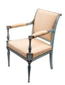 A painted and upholstered wood elbow chair in Louis XVI style,