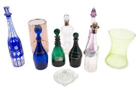 Mixed glass comprising two 'Bristol' green glass decanters, a blue example with matched stopper,