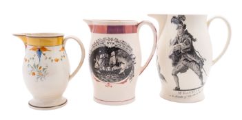 A large Liverpool creamware jug transfer decorated with Garrick playing the part of Don John from