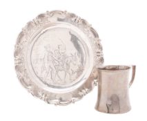 A Victorian engraved silver dish, shaped circular outline,