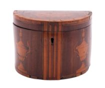 A George III mahogany and marquetry demi-lune tea caddy,