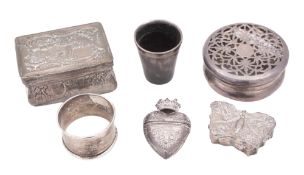 A mixed lot of silver boxes etcetera, to include a rectangular Dutch box, a heart-shaped box,