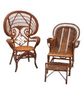 A wicker work garden chair, 20th century; the backrest with arched openwork top,