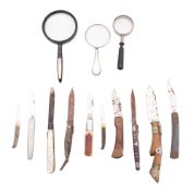 A silver and mother of pearl handled fruit knife together with a collection of various pocket