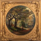 19th Century British school - Figures on a lane in a wood - Oil on canvas - Unsigned - 29.