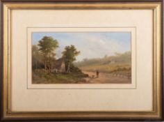 W H David (19th Century) - Figure with dog in a rural landscape - Gouache on paper - Signed and