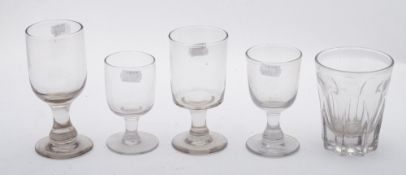 Four clear glass goblets and a pressed glass tumbler diamond point etched W. Howe Holmfirth.