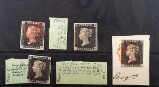Great Britain. 1840 1d Blacks x 4 stated by vendor plates 2, three with four margins, one on piece.