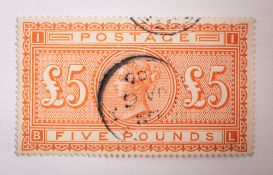 Great Britain. 1867 - 83 £5 orange fine used CDS, dealer mark to reverse. SG 137.