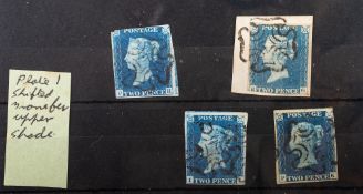 Great Britain. 1840 2d Blue x 4, one on piece and two with pinholes.