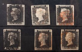 Great Britain. 1840 1d Blacks x 6 un-plated.