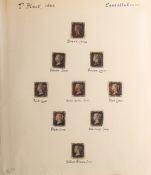 Great Britain. 1840 1d Blacks x 9 on album page with different colour Maltese crosses etc.