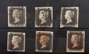 Great Britain. 1840 1d Blacks x 6 un-plated.