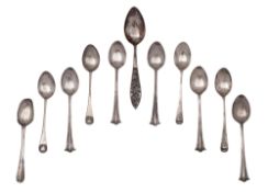 Eleven silver teaspoons, including a Canadian example, in different patterns,