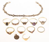A mixed collection of jewellery, including eight 9ct gold rings of various designs,