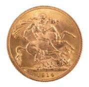 A George V sovereign, bare head, reverse with St. George and the Dragon, dated 1914