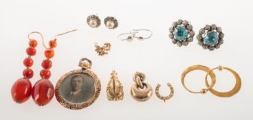 A mixed collection of mainly antique jewellery, including a pair of faceted hoop & bead earrings,
