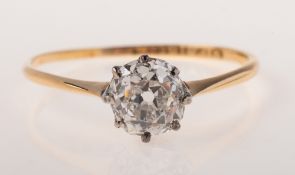 An antique diamond solitaire ring, crown and claw set with an old mine-cut diamond,