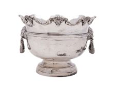 A late Victorian small silver rose bowl, in the form of a Monteith, with lion mask and drop handles,