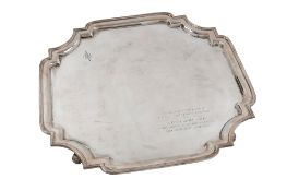 An Elizabeth II cased silver salver, of shaped square outline,