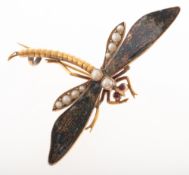 An antique enamel and seed pearl dragonfly brooch, late Victorian / early Edwardian,