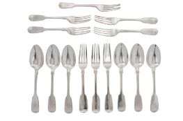 A Victorian set of eight silver dessert forks & six matching silver dessert spoons, Fiddle pattern,