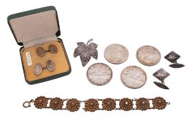A mixed lot; a pair of gold on silver cuff-links, a pair of Siamese silver & niello cuff-links,