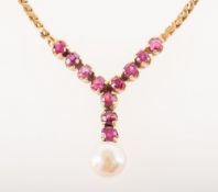 A ruby & pearl necklace, serpentine style chain leads to the 'V' shaped fixed centrepiece,