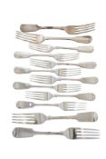 Fiddle pattern silver flatware: 4 table forks & 8 dessert forks, the table forks initialled,