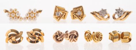 Seven pairs of varied design stud earrings,