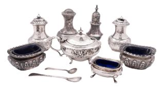 Miscellaneous silver condiments, a mustard pot (blue glass liner), a pair of pepper casters,