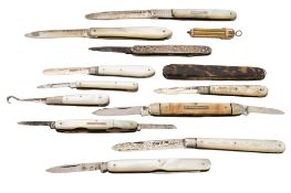 Four mother-of-pearl mounted folding fruit knives, with silver blades, one initialled,