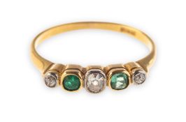 A diamond and emerald five stone ring, bi-colour metal collet set with three small old-cut diamonds,