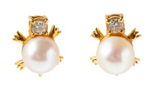 A pair of pearl and diamond stud earrings, designed in the form of a turtle,