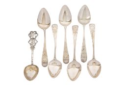 A George III set of six silver teaspoons, Old English pattern with Bright-cut decoration,