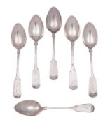A 19th century set of six Scottish provincial silver teaspoons, Fiddle pattern, initialled,