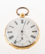An 18k gold pocket open-faced watch the dial having black Roman numerals,