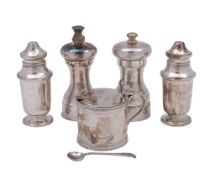 Silver condiments; a pair of pepper casters, two pepper mills (plastic innards),