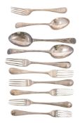 A George III set of six silver table forks, Old English Bright-cut edge pattern,