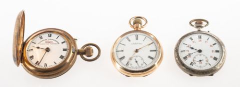 Three pocket watches to include A.W.W. Co., Waltham, Mass a gold-plated open-faced pocket watch