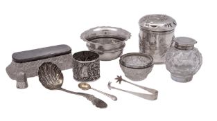 A mixed lot of various silver, comprising of a dressing table canister & cover,