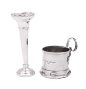 A cased modern silver vase, with a tapering body, a shaped capital and on a circular base (loaded),