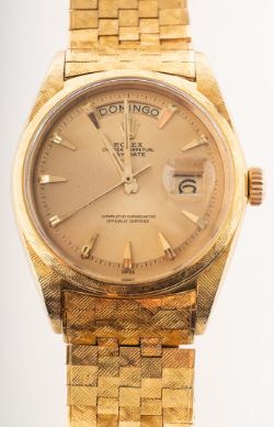 Rolex Oyster Perpetual Florentine gentleman's 18K gold day/date wristwatch the dial having baton