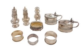 Silver condiments etcetera; a pair of mustard pots (clear glass liners), a continental pepper,
